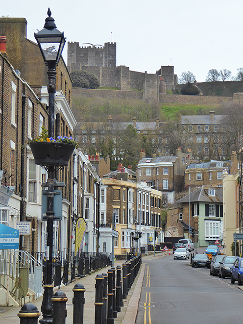 Dover Castle, Castle Street, Dover, lamp-post, flower basket, brooding, hill